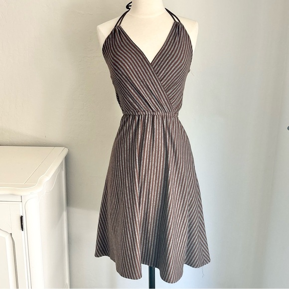 Brown & Charcoal Gray Striped Surplice Neck Halter Mini Dress Rayon, Small - Picture 1 of 7